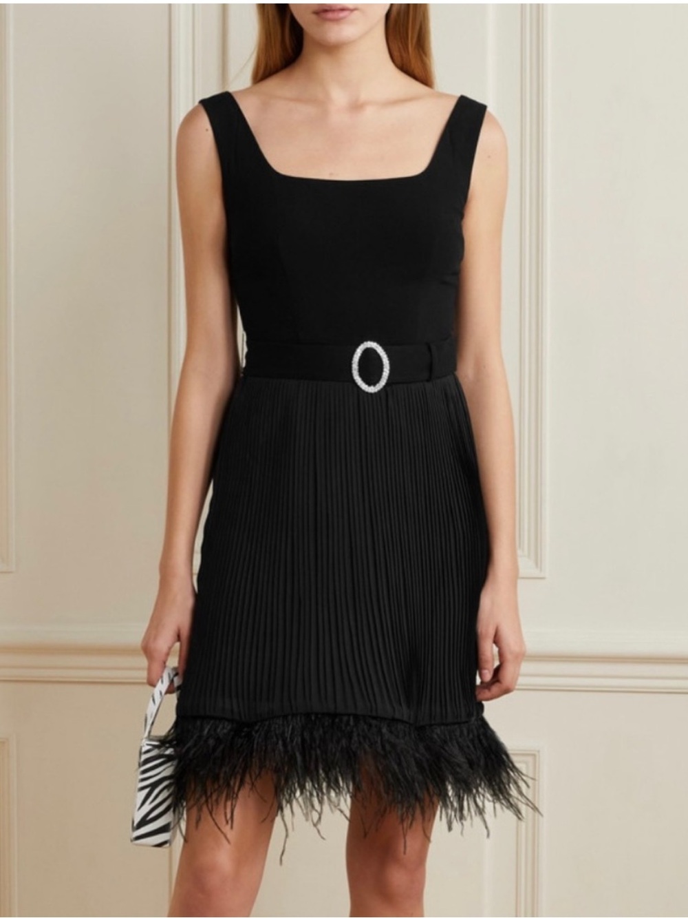 (NWOT) HVN Feather-Trim Belted Dress